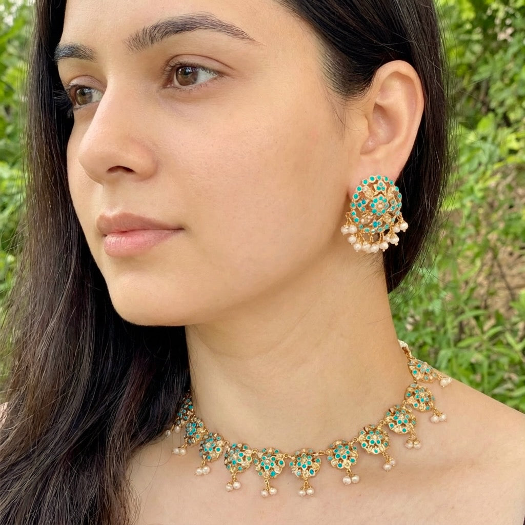 फ़िरोज़ा और मोती सेट | गोल्ड प्लेटेड | पार्टी वियर डिज़ाइन NS 228