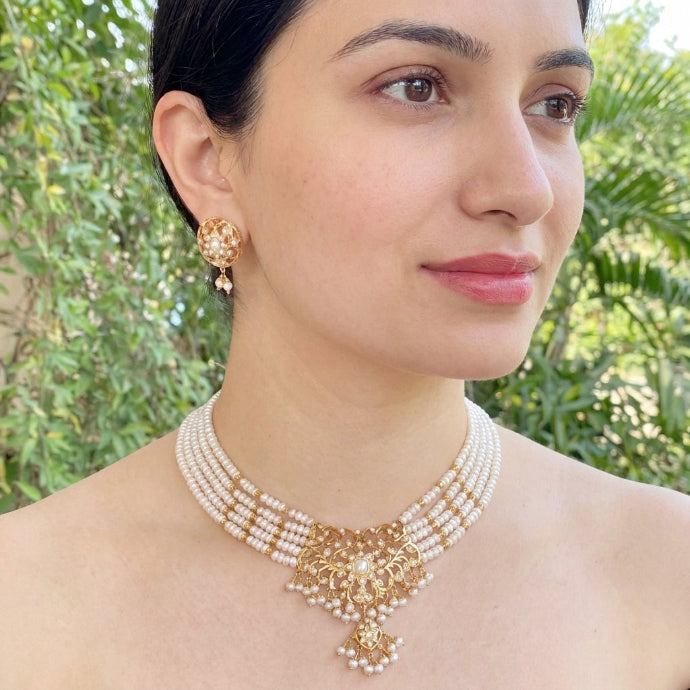 मल्टी स्ट्रैंड पर्ल नेकलेस | लेयर्ड चोकर सेट | सीतारामी सेट NS 245