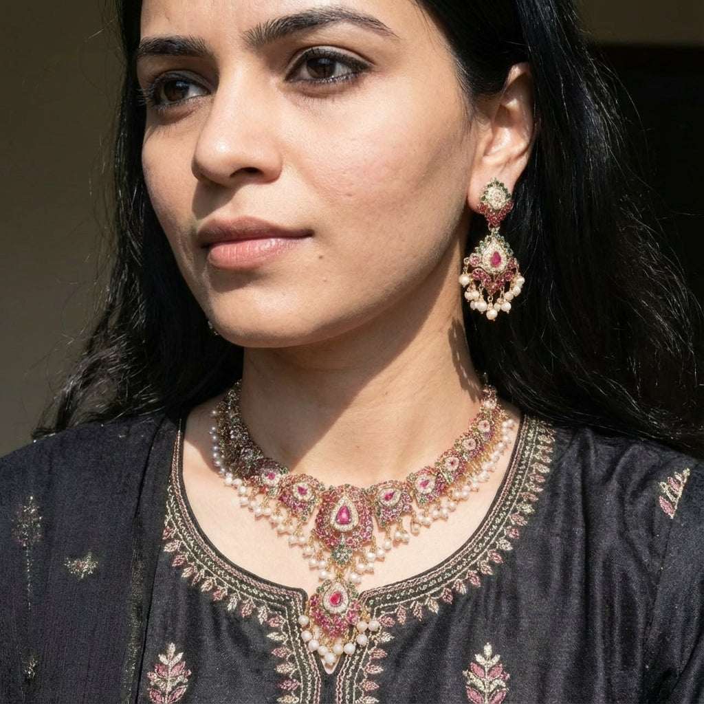 Ethnic Jadau Necklace Set | Gold Plated on Silver | Ruby Emerald Pearl Combination NS 421