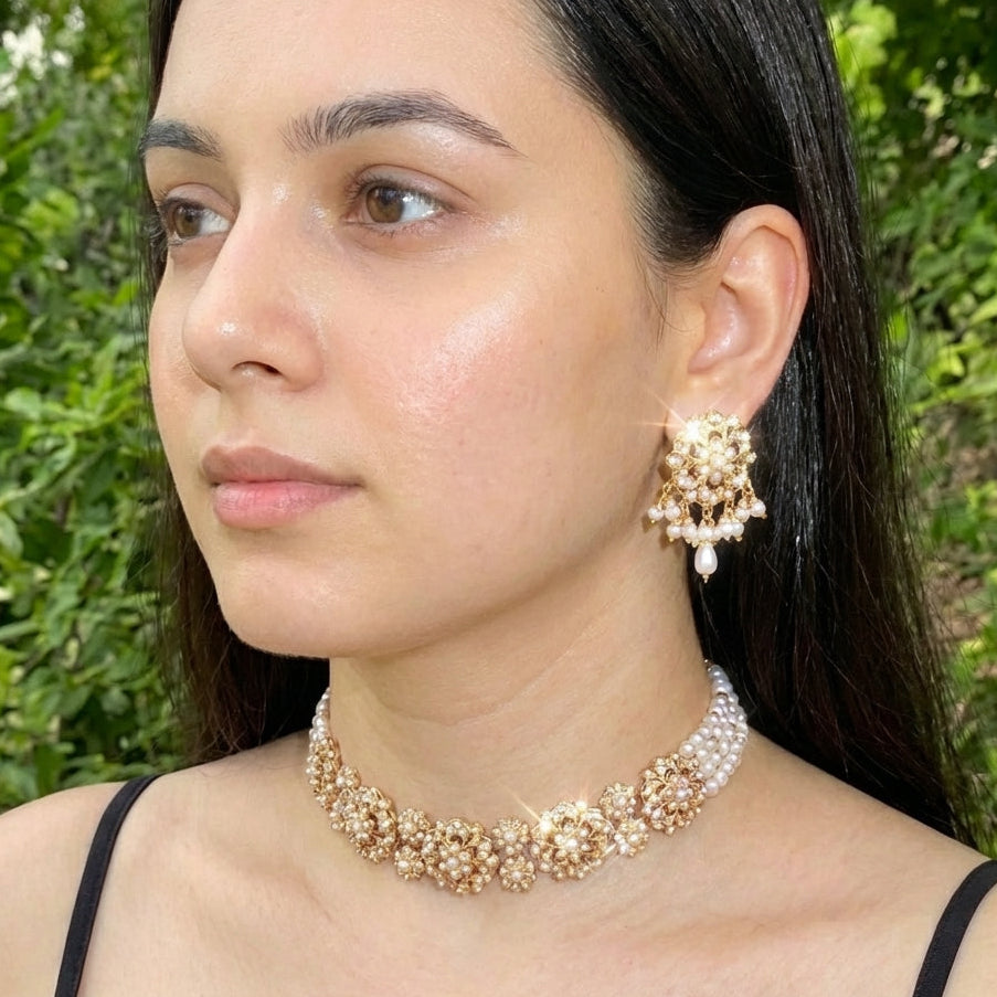 Simple Sophisticated Pearl Choker Set | Gold Plated on Silver | Freshwater Pearls NS 385