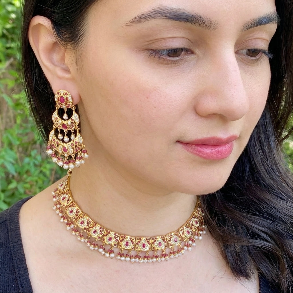 సాంప్రదాయ జడౌ నెక్లెస్ సెట్ | హెరిటేజ్ జదౌ ఆభరణాలు| రూబీ పెర్ల్ నెక్లెస్ సెట్| NS 297