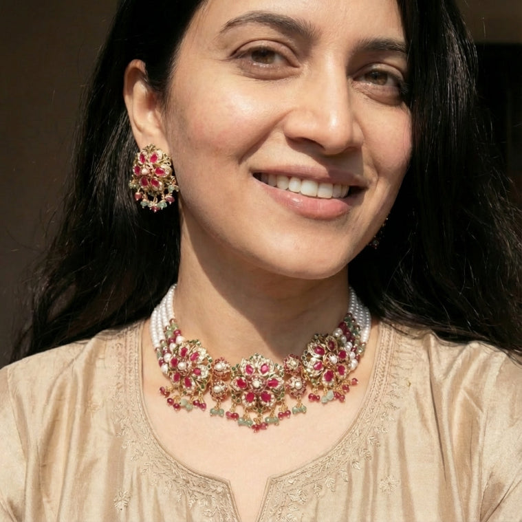 Exquisite Gold Plated Jadau Choker Set | Sterling Silver Base | Mix of Precious & Non Precious Stones NS 398