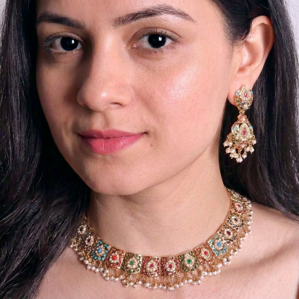 Elegant and Sober Navaratna Necklace Set | Gold Plated Jadau Jewelry on Silver NS 407