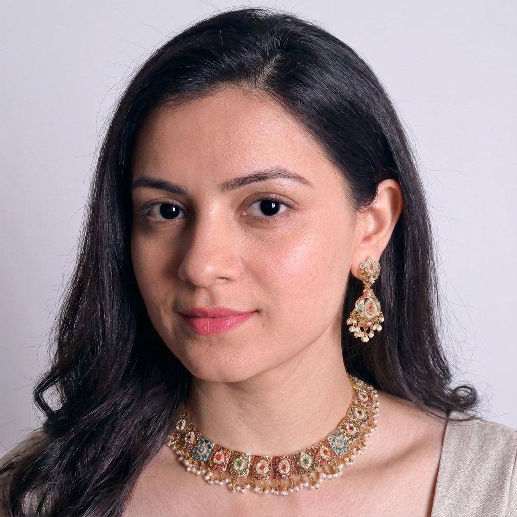 Elegant and Sober Navaratna Necklace Set | Gold Plated Jadau Jewelry on Silver NS 407