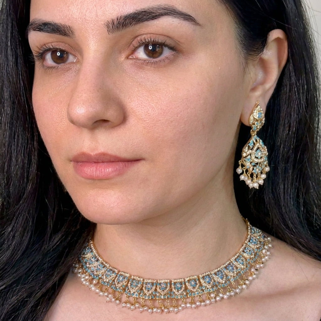 Classy Pearl & Feroza Necklace Set | Fine Indian Jewelry | Gold Plated Silver NS 403