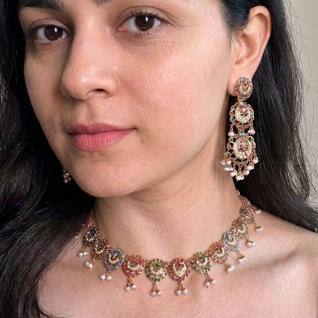 Exquisite Navaratna Necklace with Long Danglers | Premium Indian Jadau Jewelry on Silver with Gold Plating NS 406