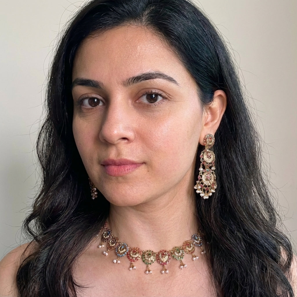 Exquisite Navaratna Necklace with Long Danglers | Premium Indian Jadau Jewelry on Silver with Gold Plating NS 406