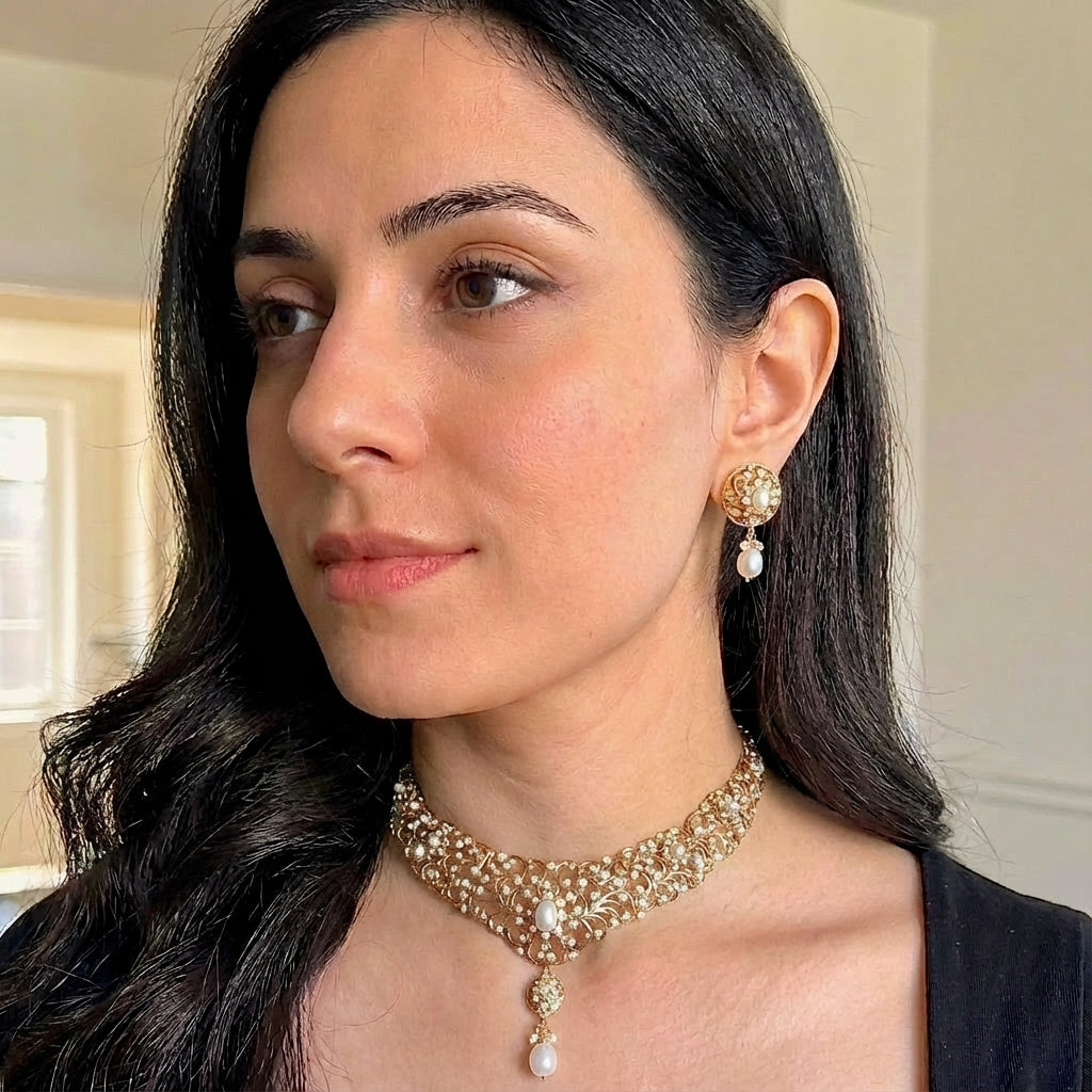 Antique Style Pearl Necklace Set | Edwardian Design | Gold Plated on Silver NS 369