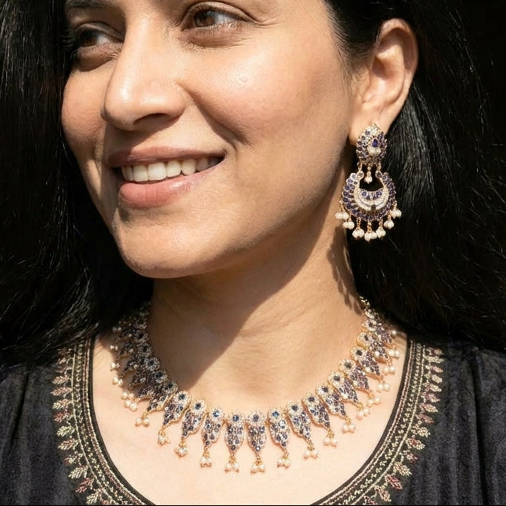 Elegant Sapphire Pearl Necklace with Chandbali Earrings NS 359