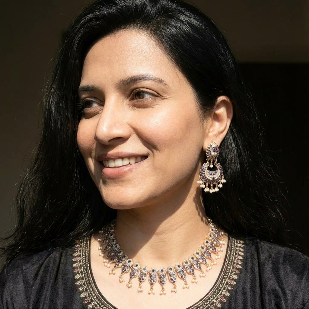 Elegant Sapphire Pearl Necklace with Chandbali Earrings NS 359