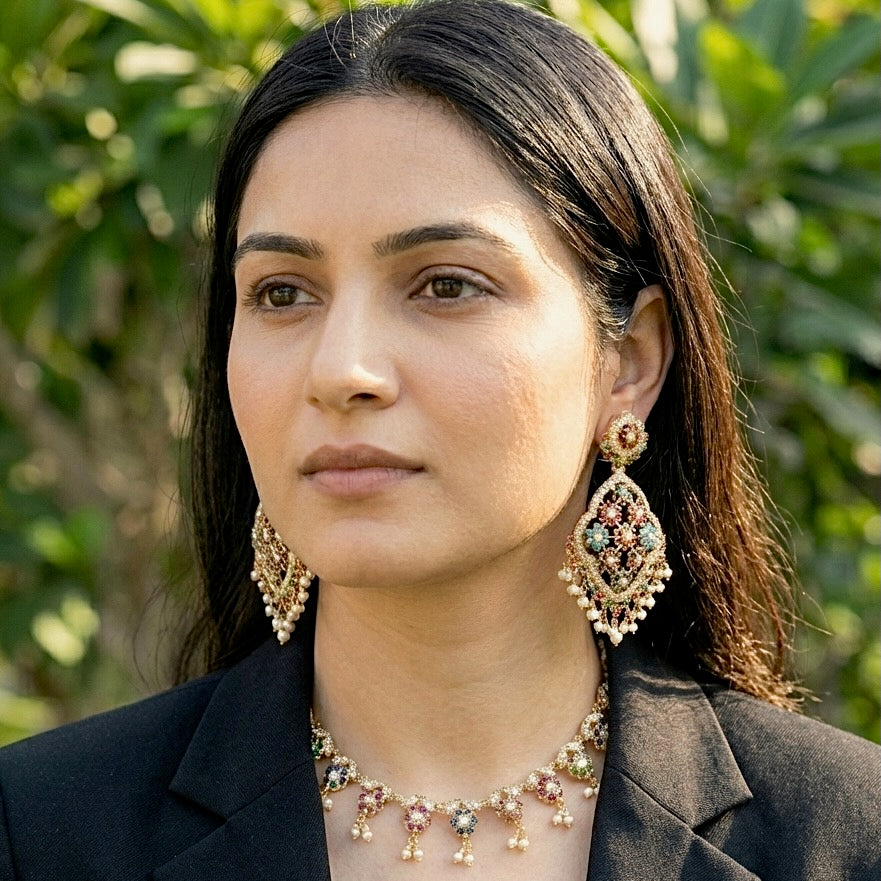 Floral Navratna Set | Sleek Necklace Paired with Large Earrings NS 331
