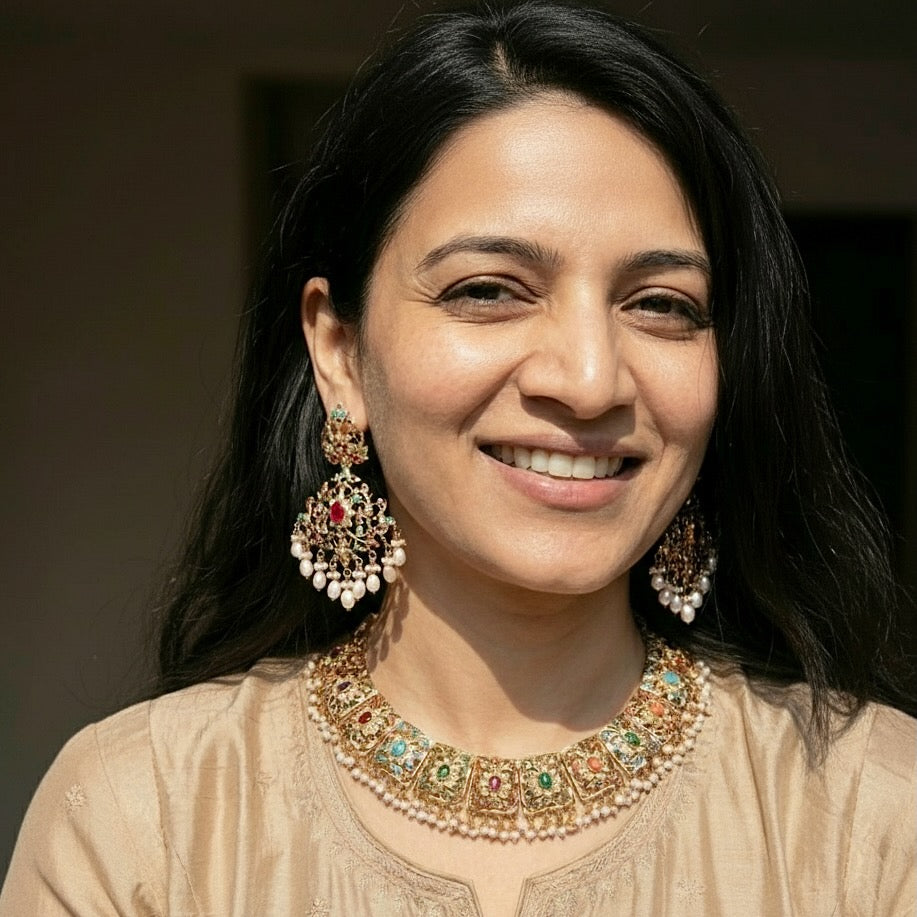 ब्राइडल नवरात्रि नेकलेस सेट | ब्रॉड नेकलेस | स्टेटमेंट इयररिंग्स NS 338