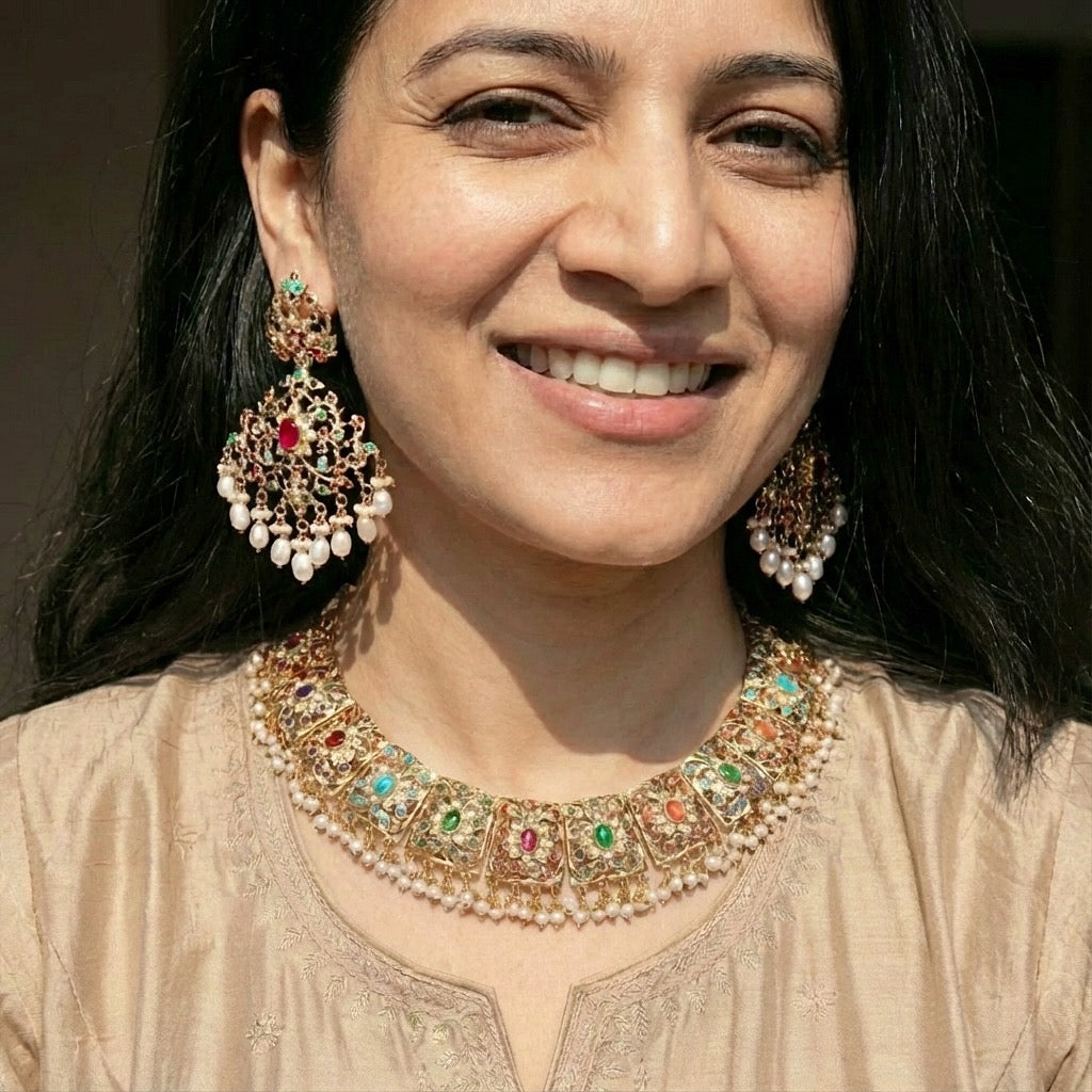 పెళ్లికూతురు నవరత్నాల నెక్లెస్ సెట్ | బ్రాడ్ నెక్లెస్ | స్టేట్‌మెంట్ చెవిపోగులు NS 338