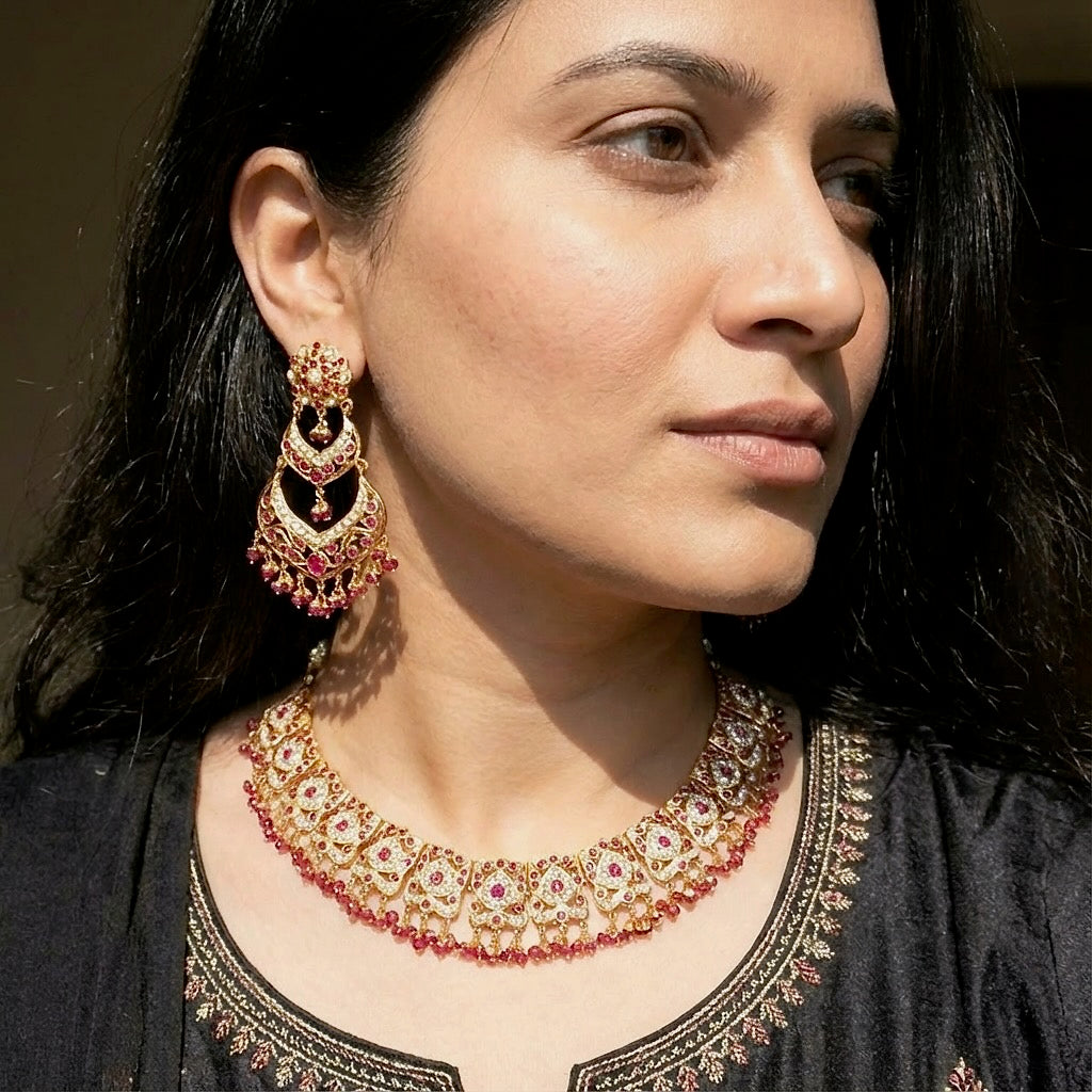 Ruby Dominated Jadau Set | Gold Plated on Silver | Finely Crafted NS 261