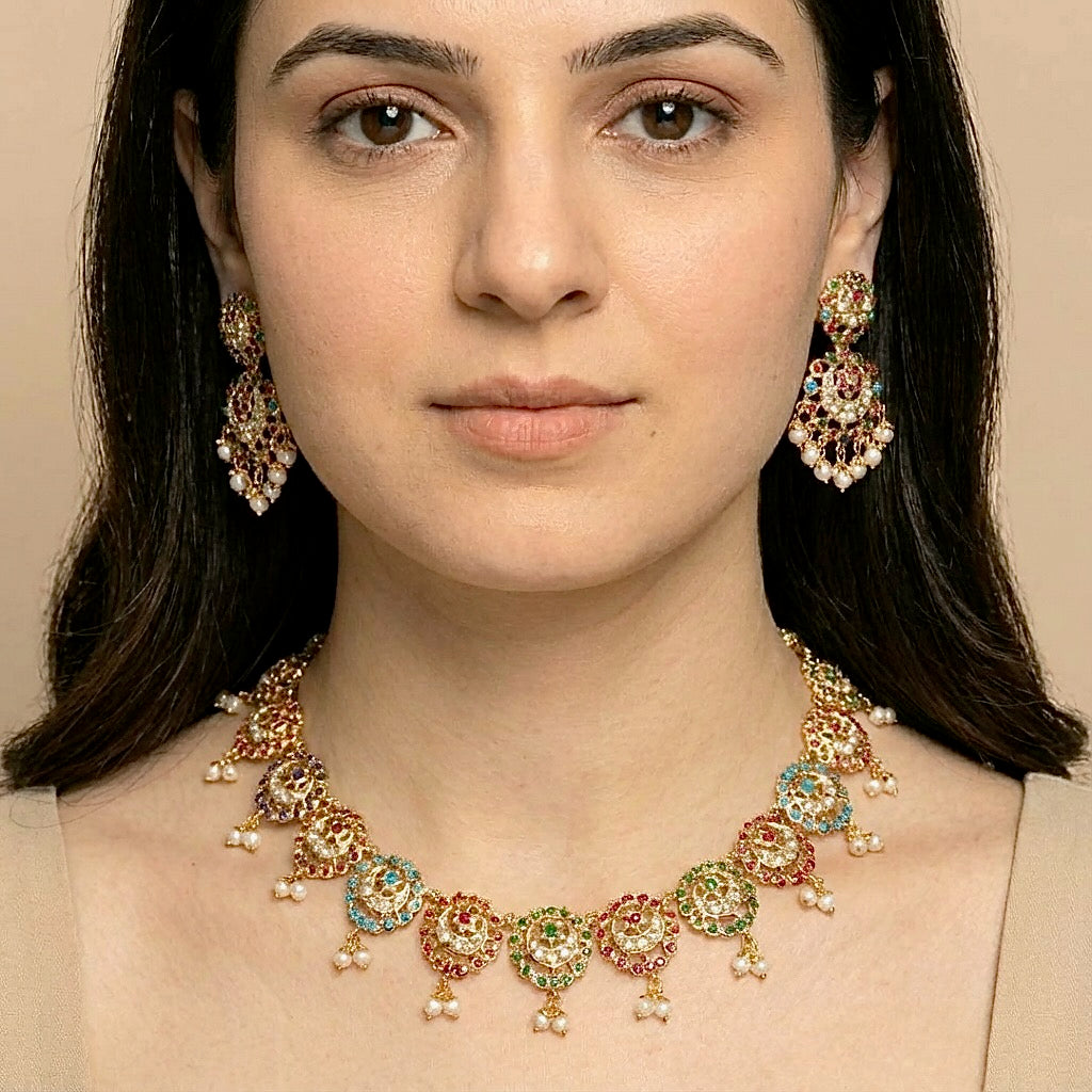 నవరత్న నగల సెట్ | వాస్తవిక బంగారు పూతతో కూడిన నగలు | స్టెర్లింగ్ సిల్వర్ NS 262