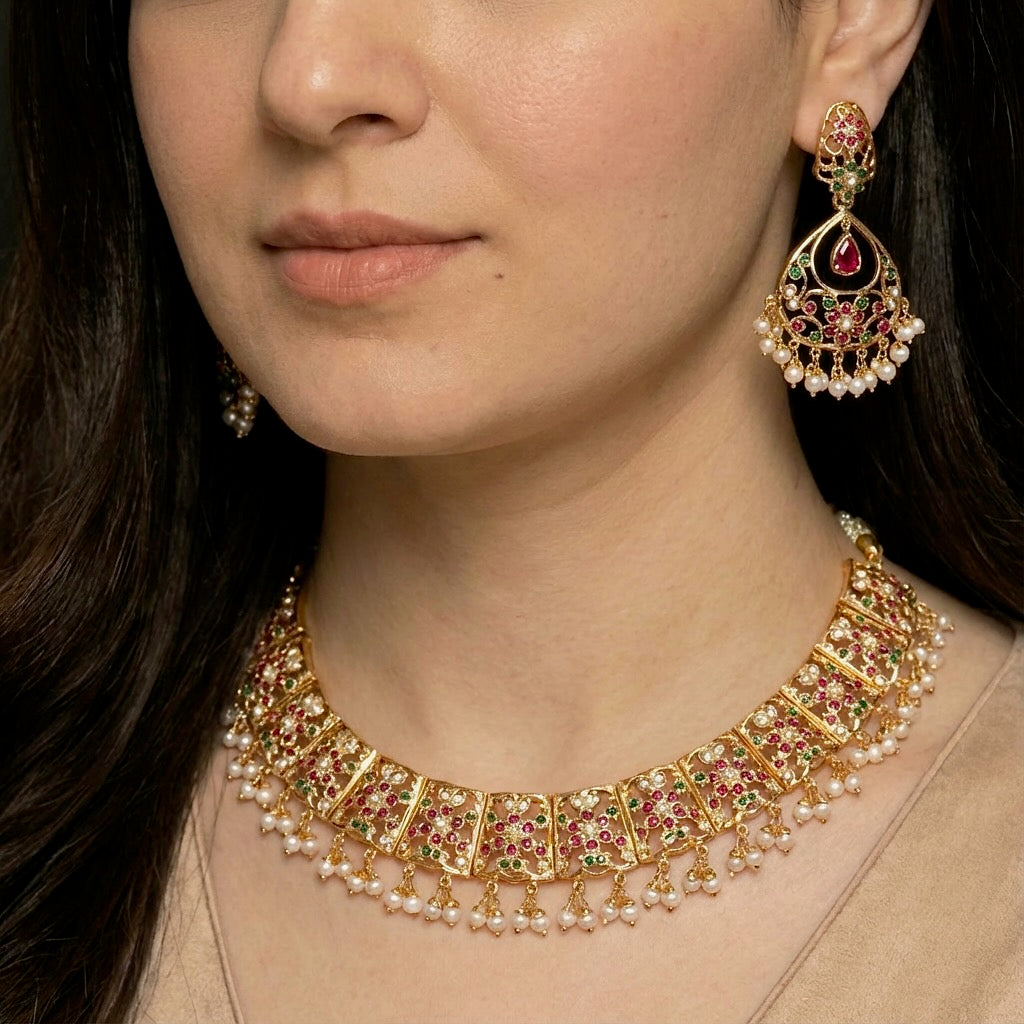 गोल्ड प्लेटेड सिल्वर नेकलेस सेट | महिलाओं के लिए मल्टीकलर जड़ाऊ सेट NS 266