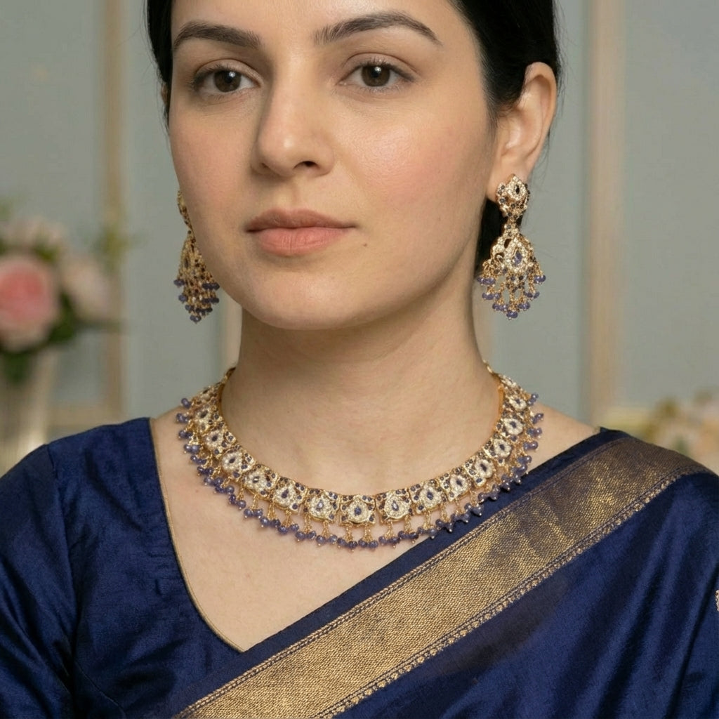 गोल्ड प्लेटेड ब्लू नीलम और मोती सेट | सोबर और एलिगेंट ज्वेलरी NS 264
