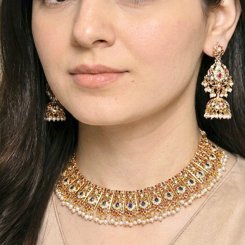 ब्राइडल गोल्ड प्लेटेड जड़ाऊ सेट | लाल और नीले पत्थरों के साथ ताजे पानी के मोती NS 251