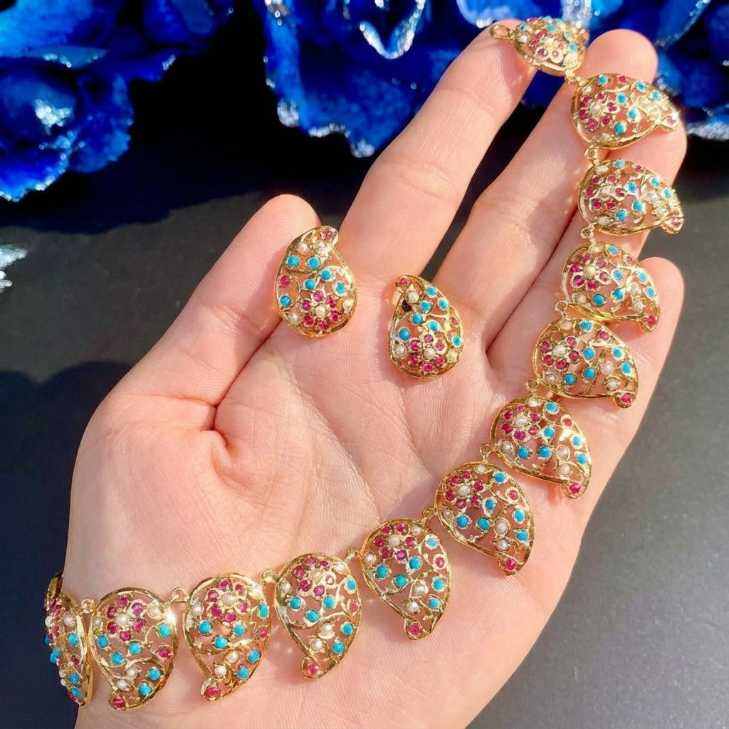 పైస్లీ నెక్లెస్ సెట్ | గోల్డ్ ప్లేటెడ్ స్టెర్లింగ్ సిల్వర్ | సాంప్రదాయ భారతీయ జడౌ NS 244