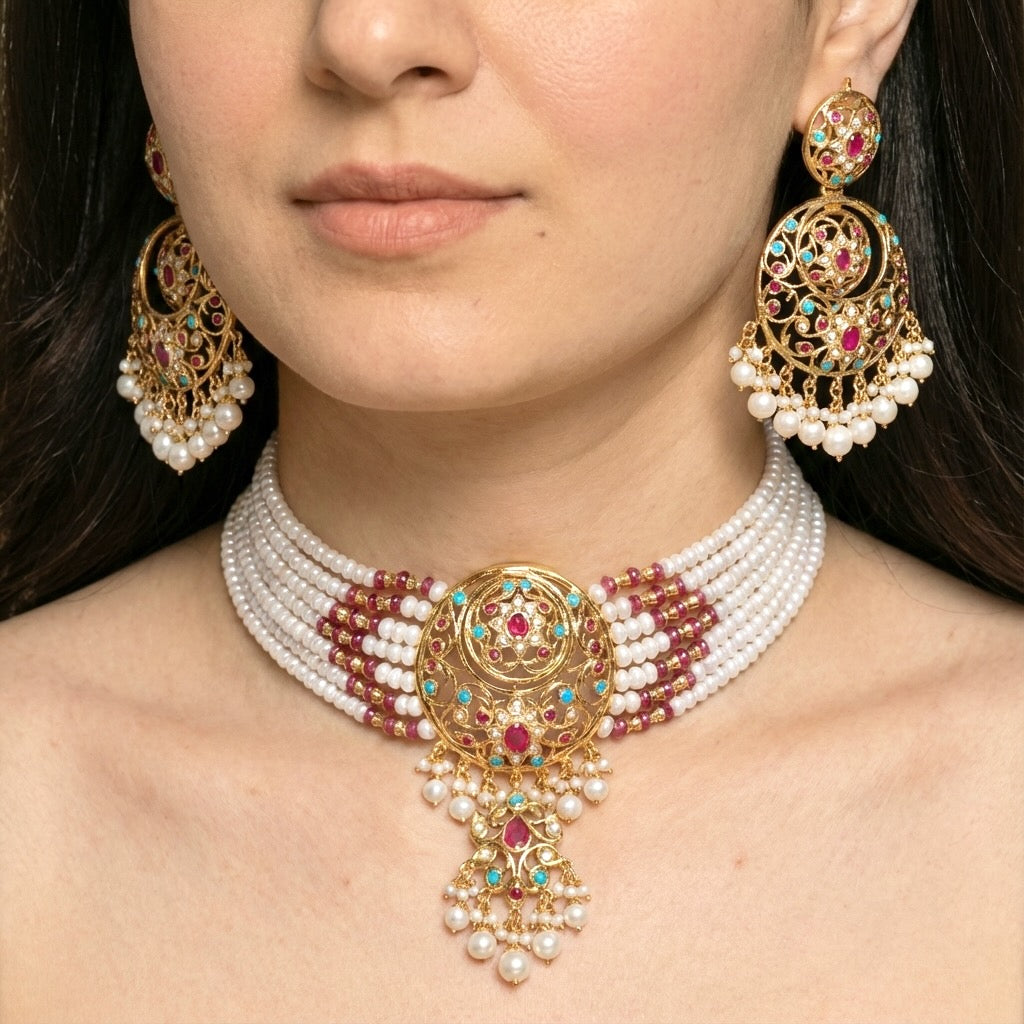 गोल्ड प्लेटेड जड़ाऊ चोकर सेट | पार्टी वियर भारतीय आभूषण ऑनलाइन NS 198