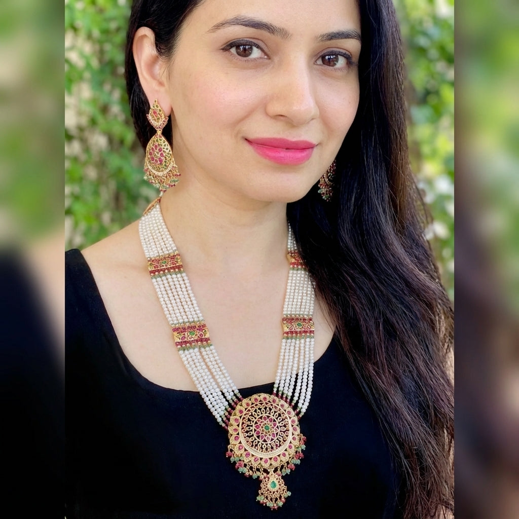 गोल्ड प्लेटेड रानी हार सेट | लंबे हार डिजाइन | ताजे पानी के मोती HR 009