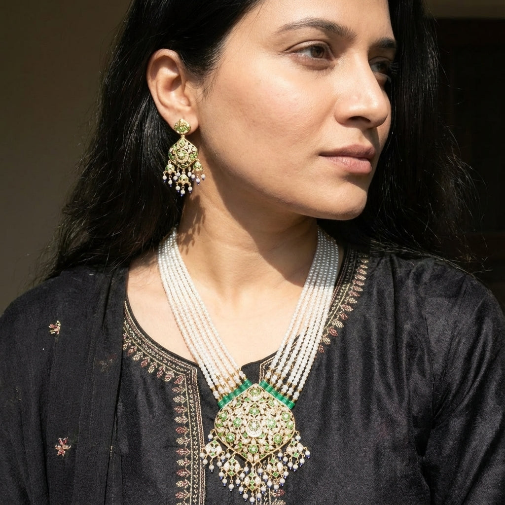 Buy Gold Plated Rani Haar Set Online | Real Pearls & Emeralds | Sterling Silver NS 044