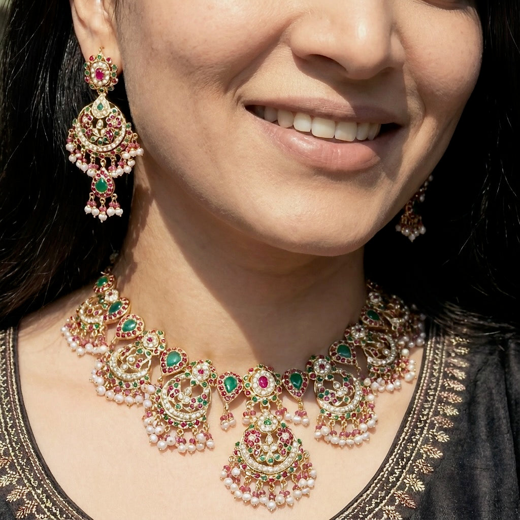 బ్రైడల్ గోల్డ్ ప్లేటెడ్ జ్యువెలరీ | వధువు NS 095 కోసం మల్టీకలర్ నెక్లెస్ సెట్