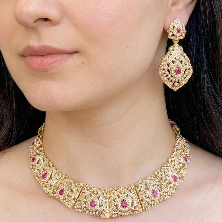 Gold Plated Necklace Set | Handmade Jadau Jewelry NS 074