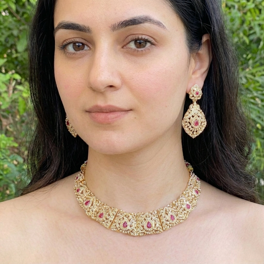 Gold Plated Necklace Set | Handmade Jadau Jewelry NS 074