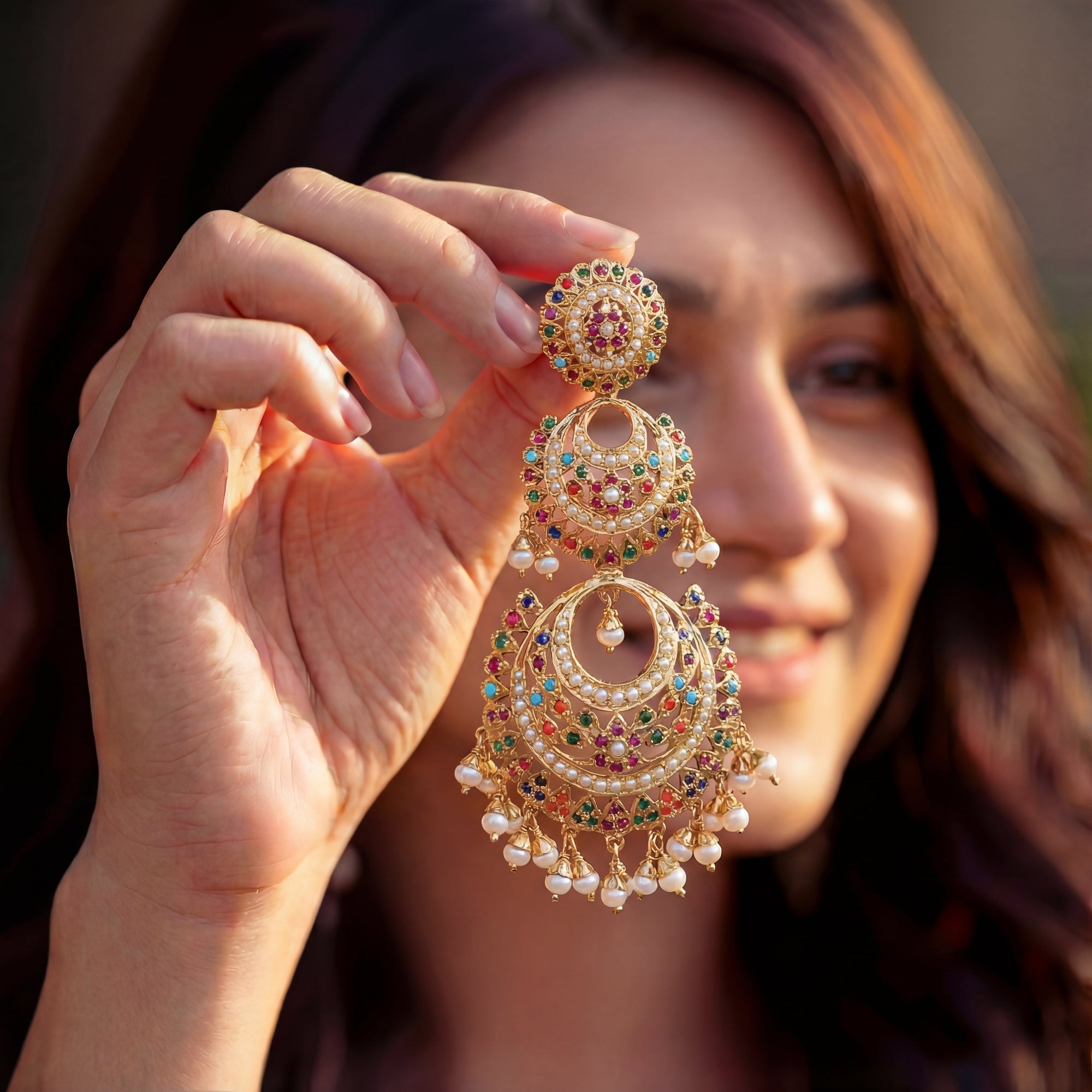 Navratna Double Chandbali Earrings | Gold Plated on Sterling Silver ER 566