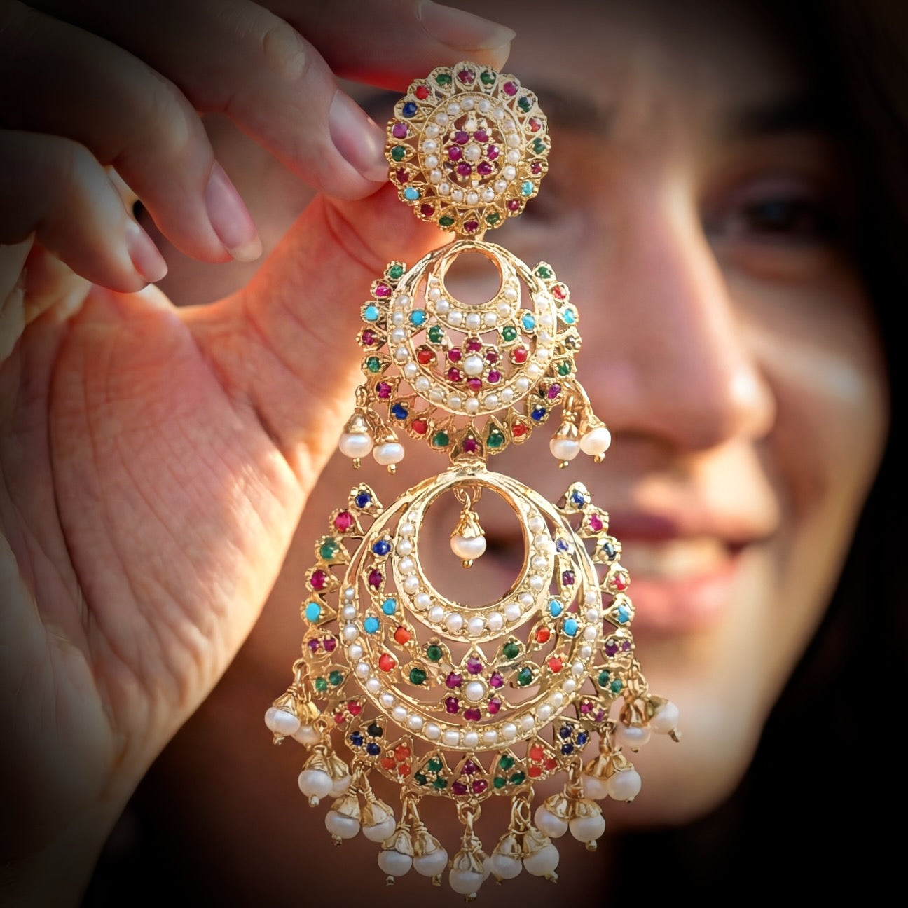 Navratna Double Chandbali Earrings | Gold Plated on Sterling Silver ER 566