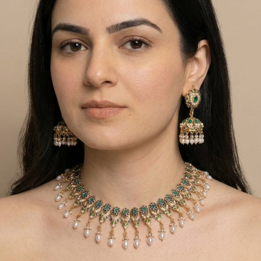 Multicolored Jadau Necklace with Jhumka Earrings NS 127