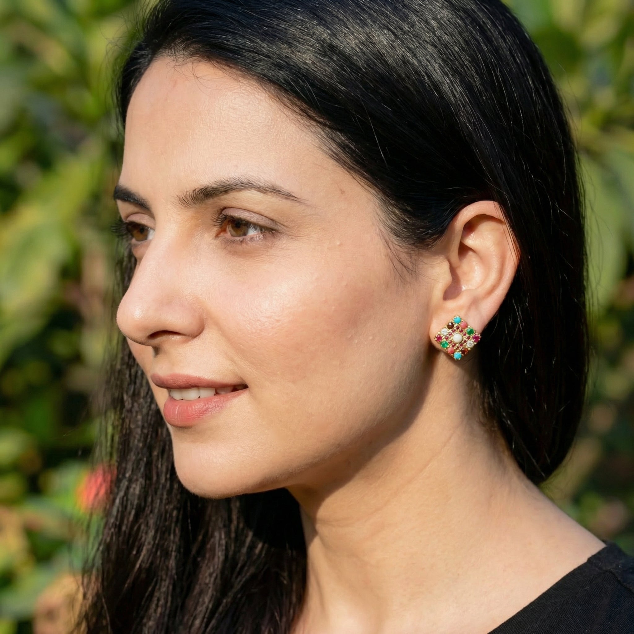 Gold Plated Navrattan Jadau Stud Earrings ER 093