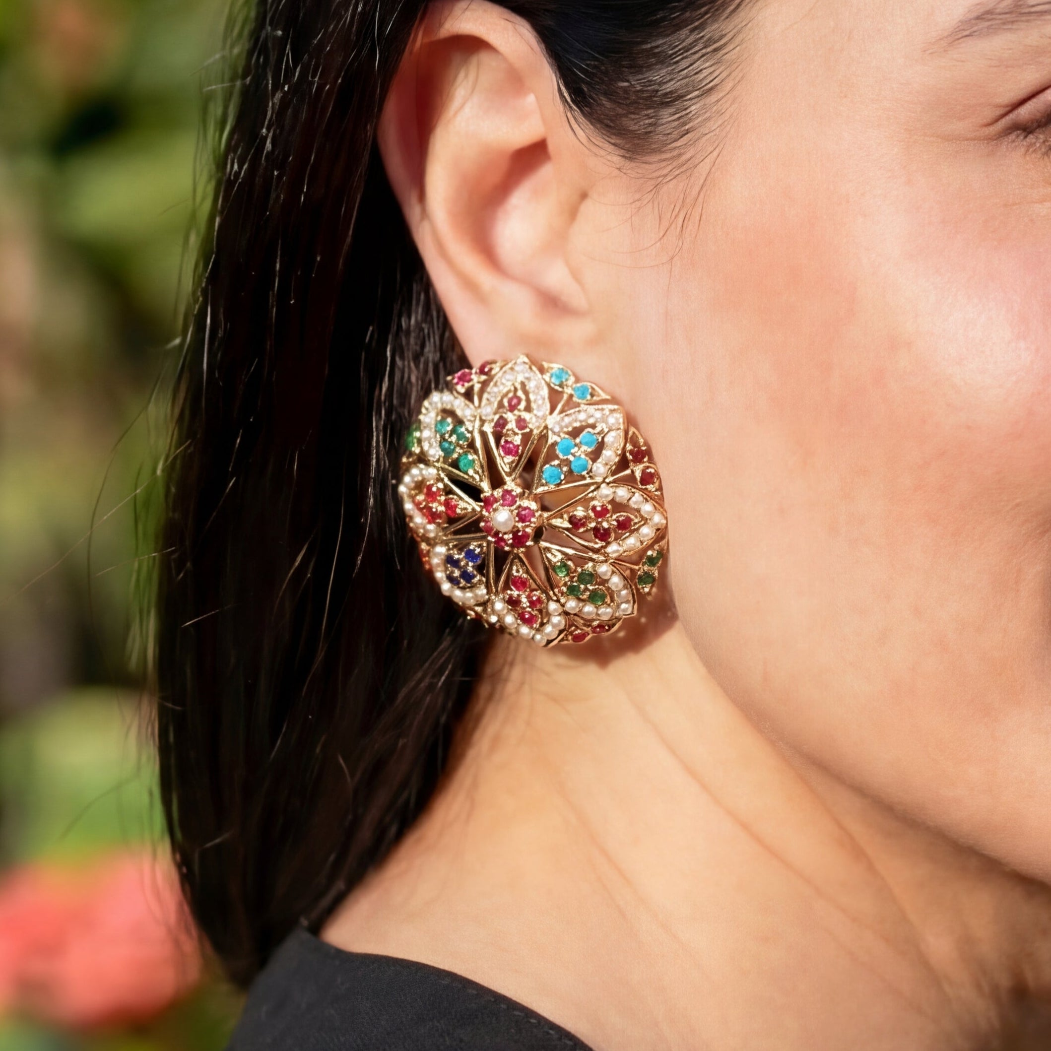 Statement Navratna Studs | Large Round Tops | Gold Plated Silver ER 450