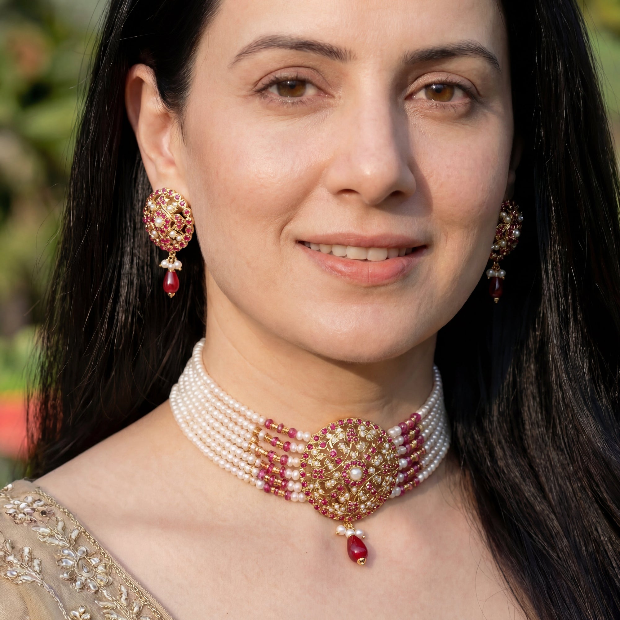 Gold Plated Ruby Pearl Choker Set made with Jadau Technique NS 103