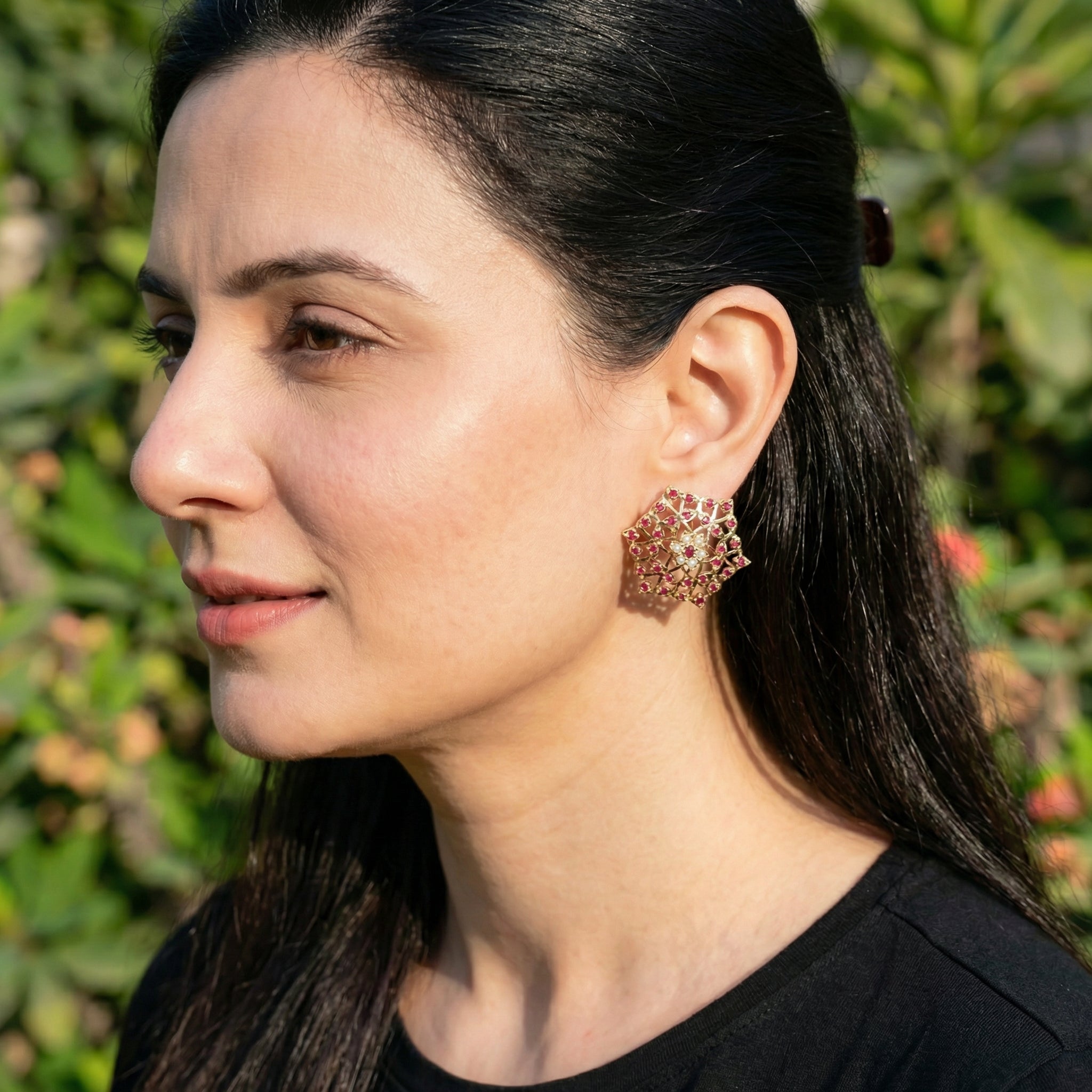 Ruby Tops For Women | Gold Plated Jadau Stud Earrings ER 483