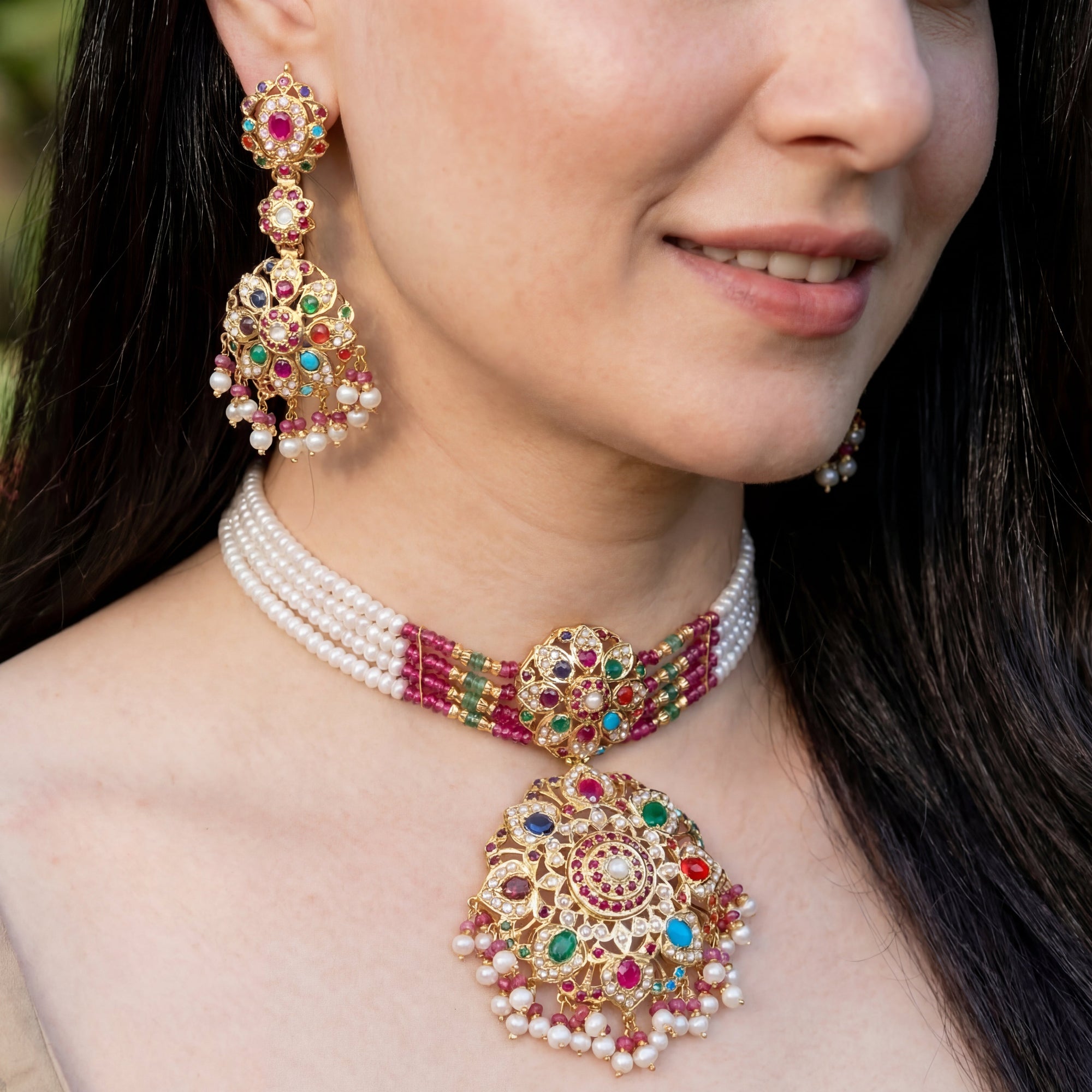 Layered Navratna Necklace & Earrings | Jadau Choker Set | Gold Plated Silver NS 156