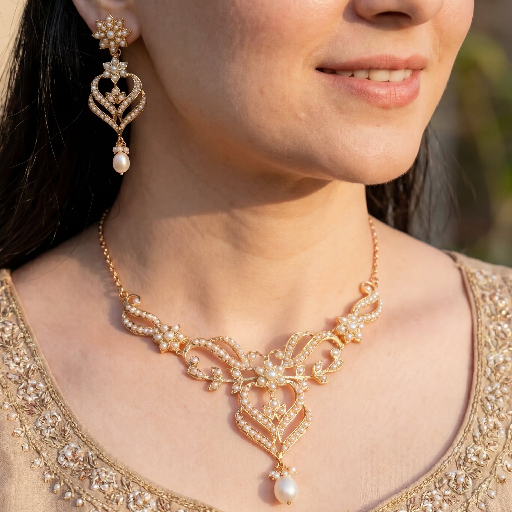 Silver and Pearl Jewelry Set | Gold Plated | Antique Design NS 417