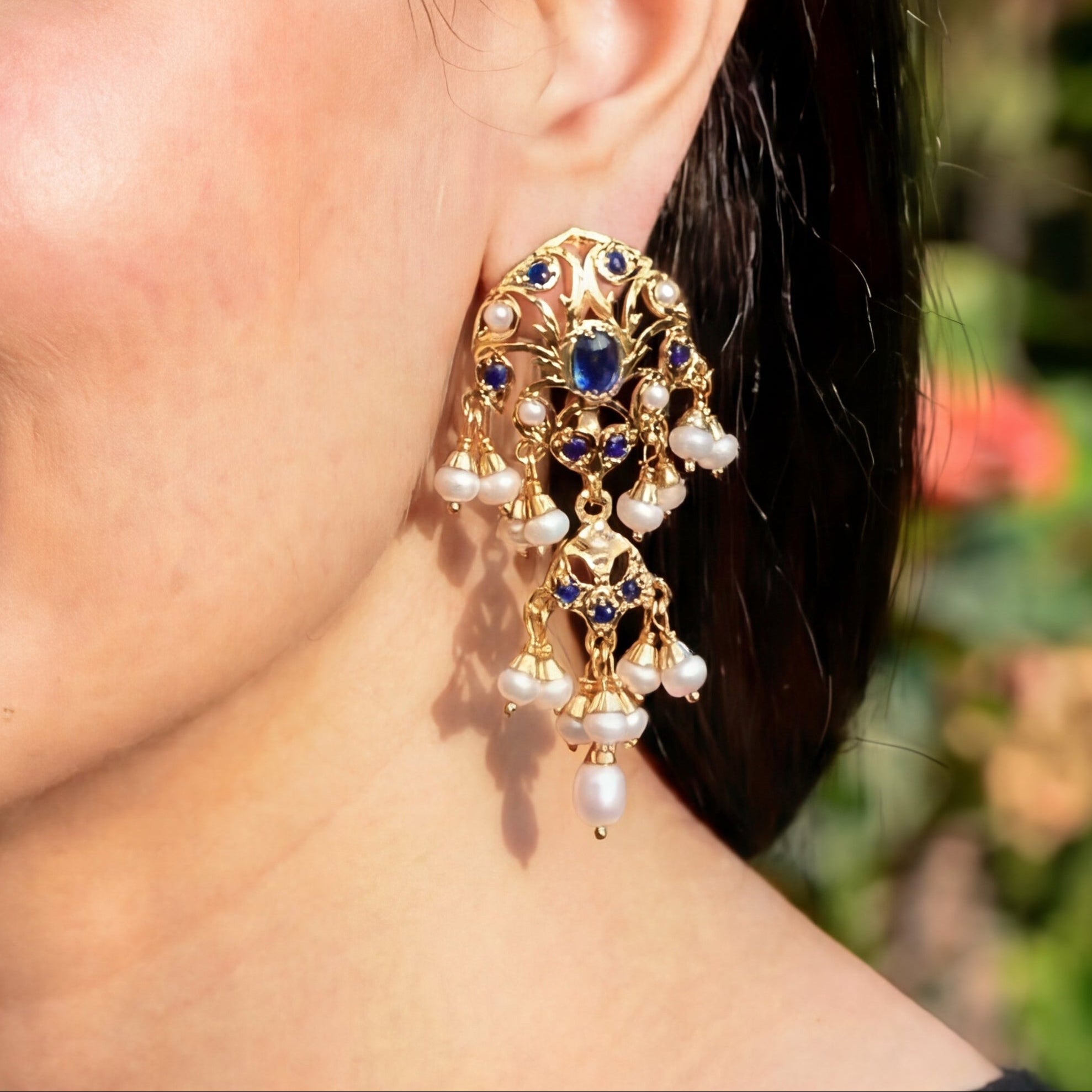 Sapphire Blue & Pearl Earrings | Gold Plated on Sterling Silver ER 596