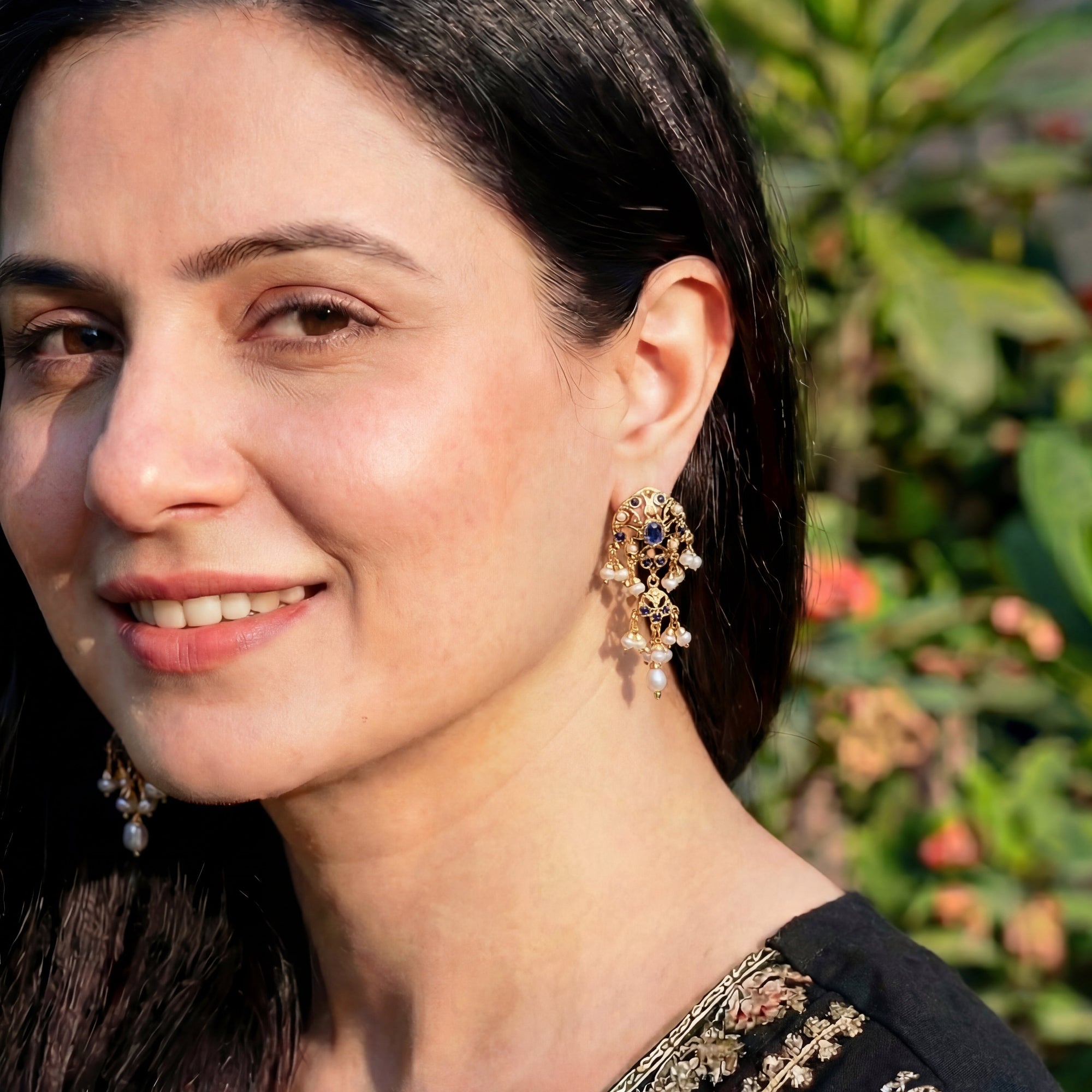 Sapphire Blue & Pearl Earrings | Gold Plated on Sterling Silver ER 596