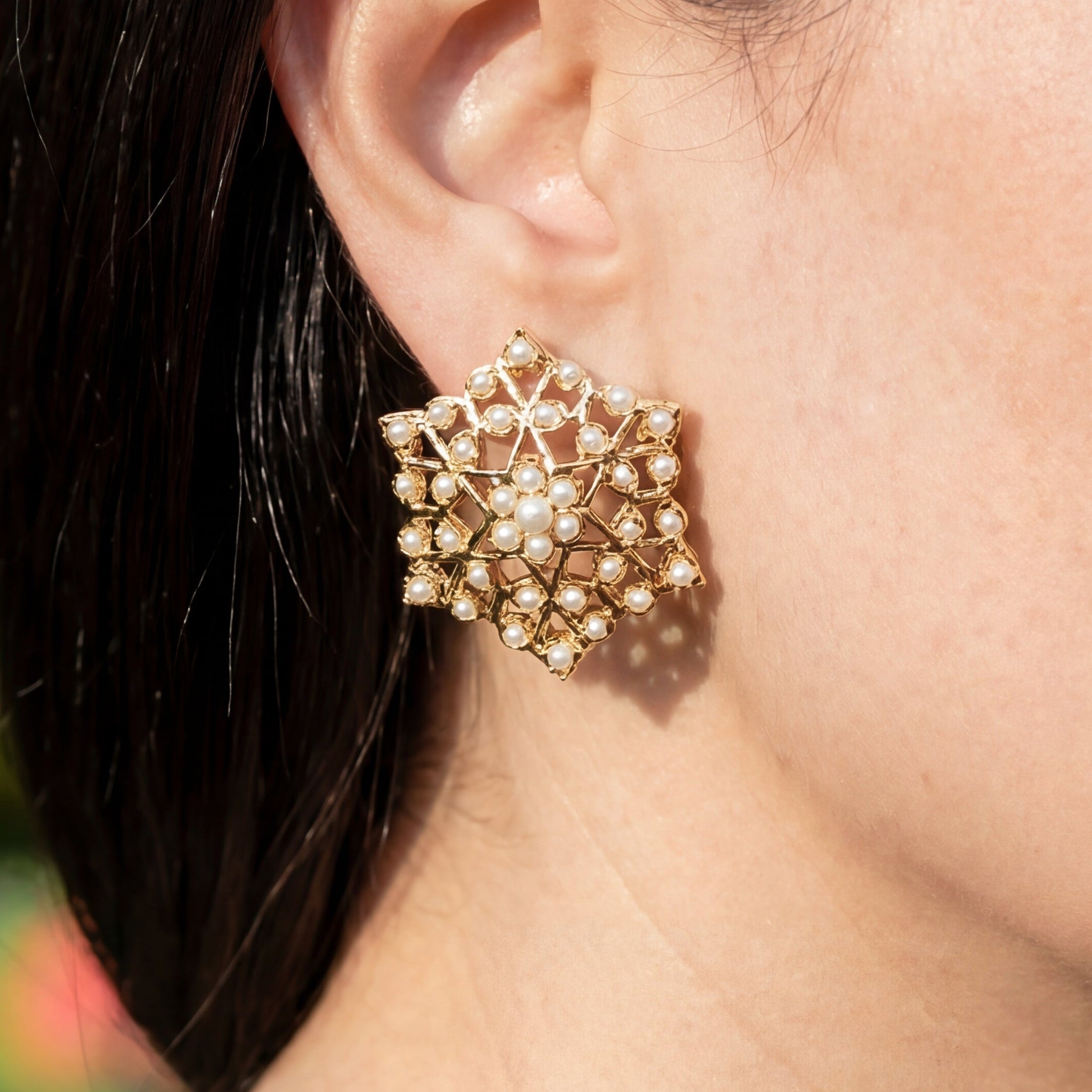 Modern Pearl Earrings | Gold Plated Jadau Studs on 925 Silver ER 480