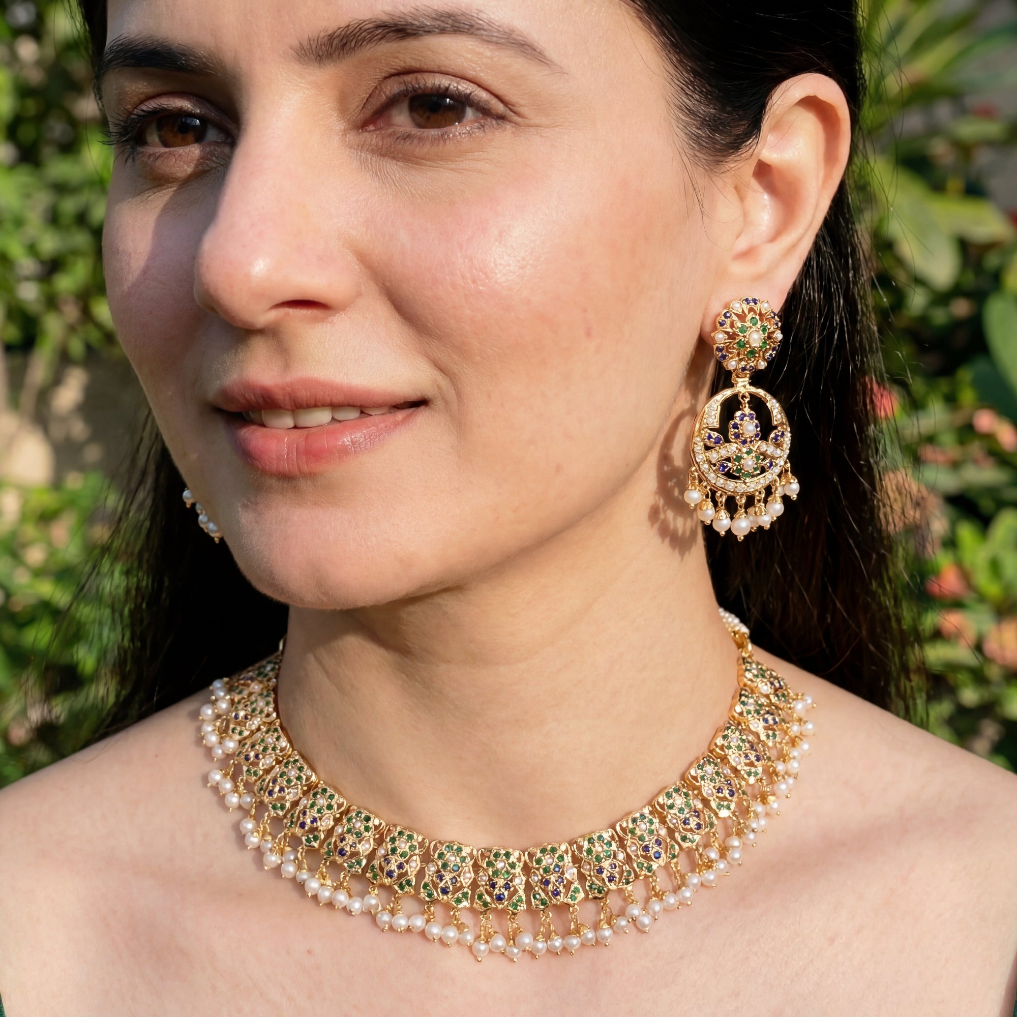 Emerald Sapphire Necklace Set | Buy Jadau Sets Online | Gold Plated NS 185