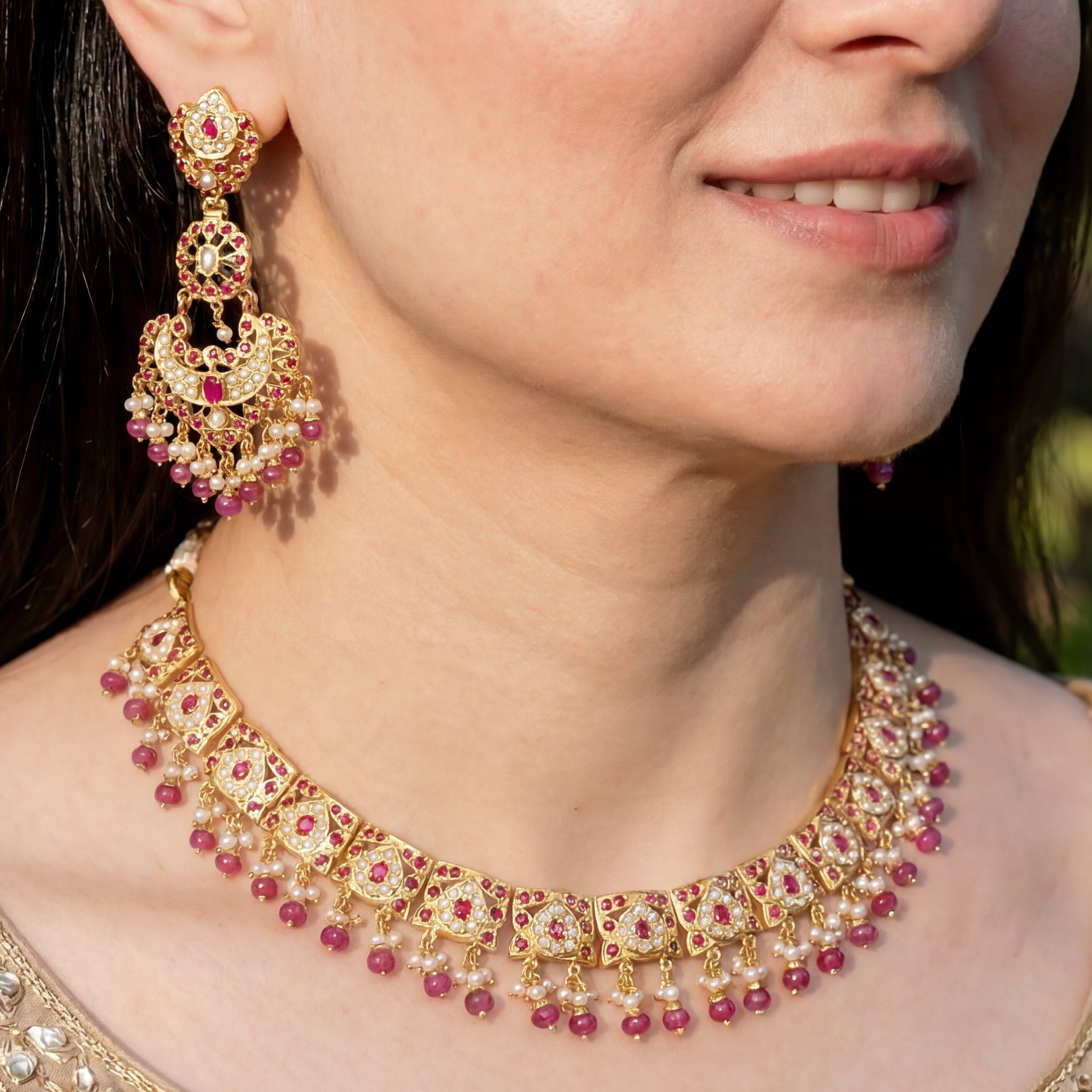 रूबी नेकलेस सेट | ताजे पानी के मोती | भारतीय जड़ाऊ आभूषण NS 230