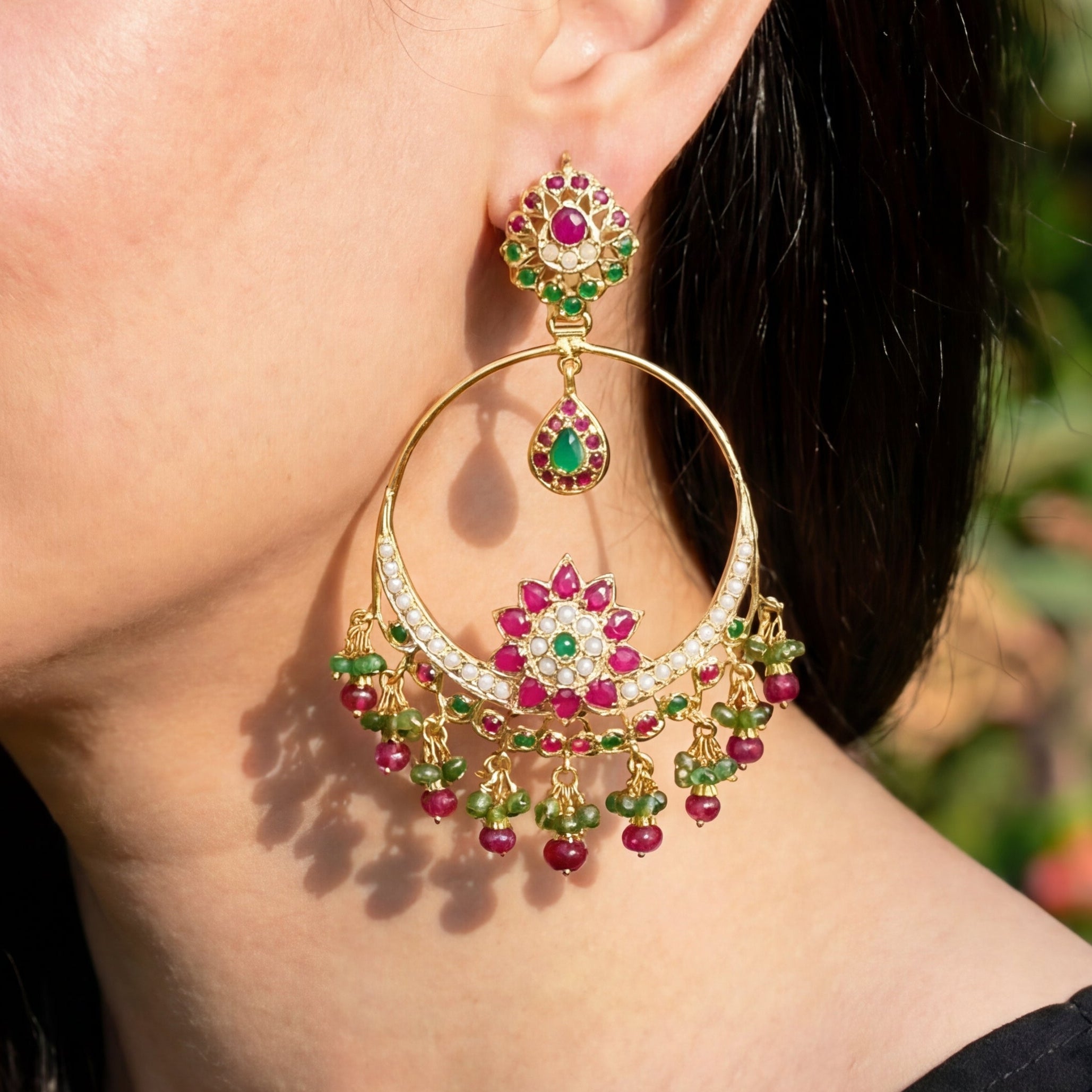 गोल्ड प्लेटेड जड़ाऊ चांदबाली इयररिंग्स सिल्वर में ER 048