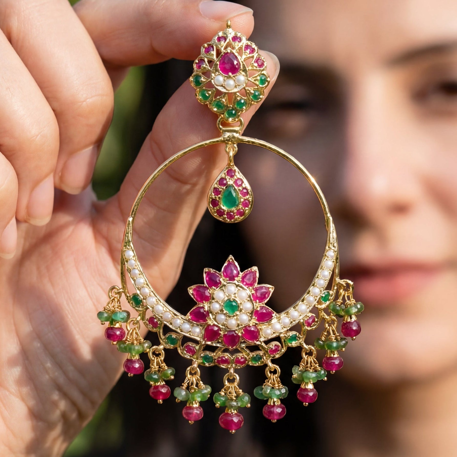 गोल्ड प्लेटेड जड़ाऊ चांदबाली इयररिंग्स सिल्वर में ER 048