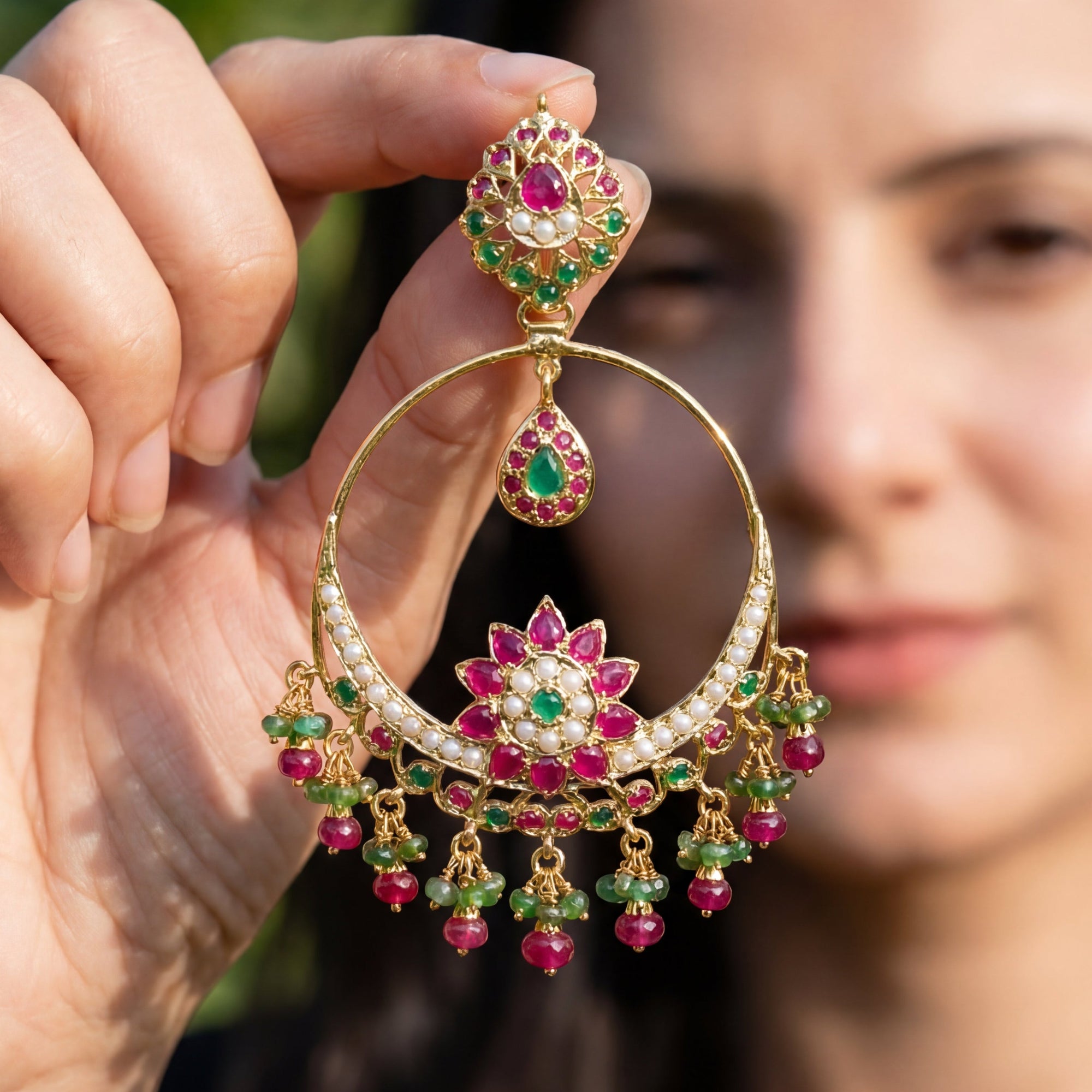 పెద్ద చంద్బాలీ చెవిపోగులు | రూబీ-ఎమరల్ కాంబినేషన్ | 925 స్టెర్లింగ్ సిల్వర్ గోల్డ్ ప్లేటెడ్ ER 048