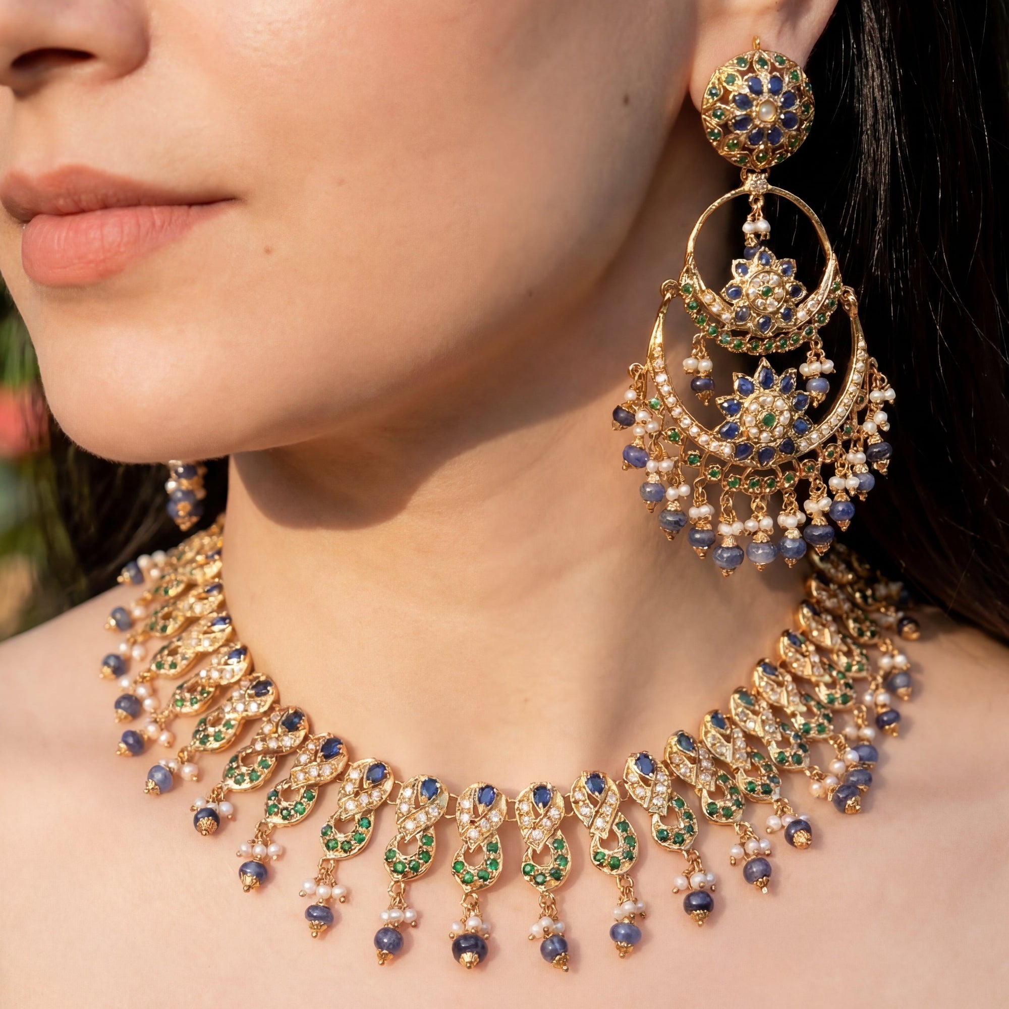 బంగారు పూత పూసిన రంగురంగుల జడౌ నెక్లెస్ సెట్ | బ్లూ నీలమణి NS 213