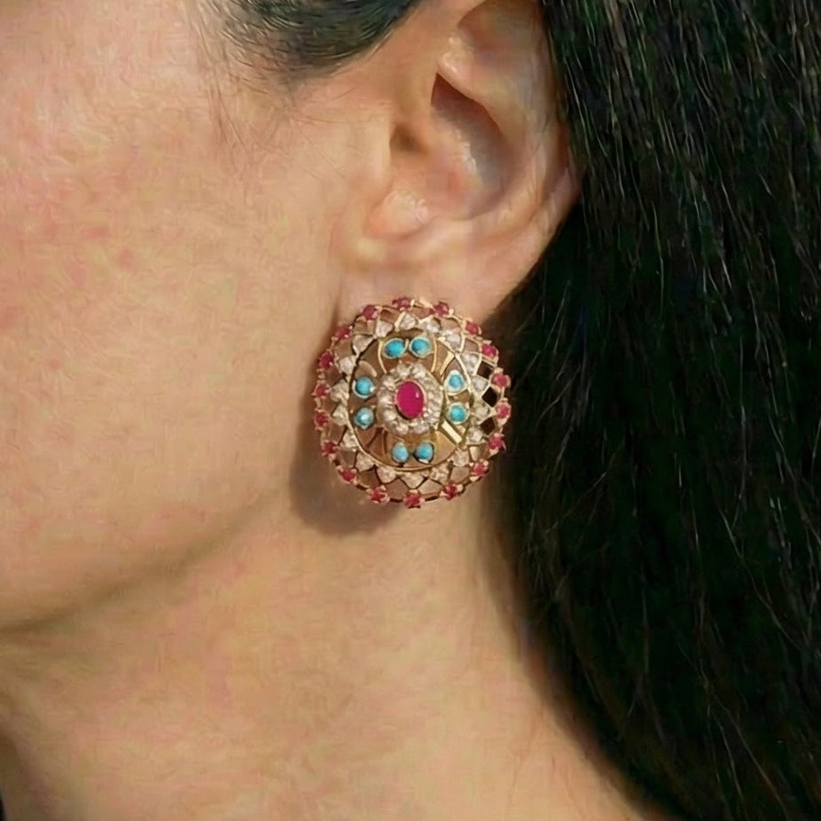 Intricate Oval Stud Earrings | Multicoloured Indian Earrings | Indo-Western Design ER 327