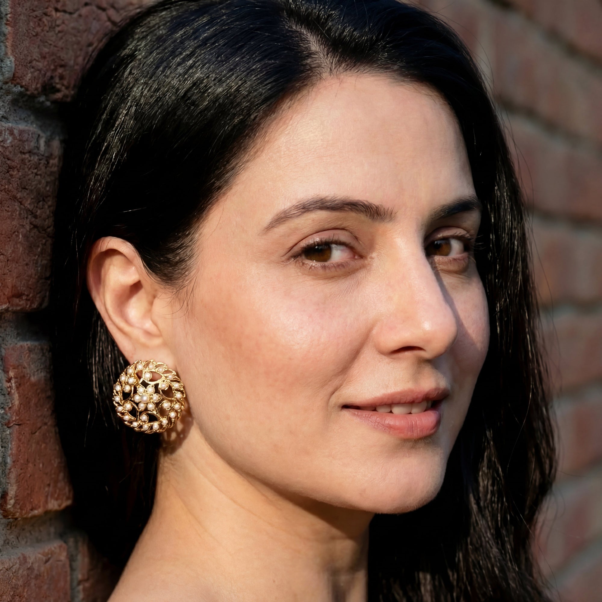 Indian Western Stud Earrings | Gold Plated Pearl Jewelry on Silver ER 481