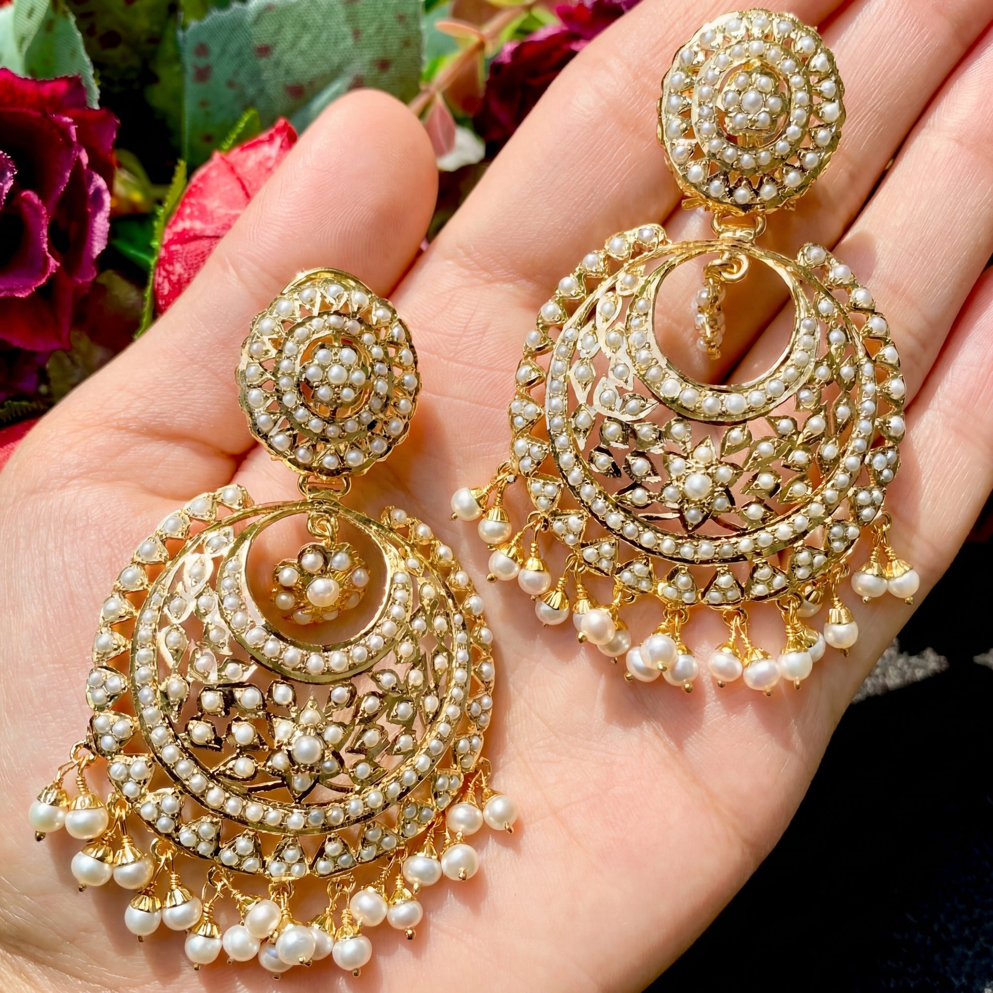 Fine Pearl Chandbali Earrings | Drop & Dangle | Large Chadbali | Gold Plated ER 084